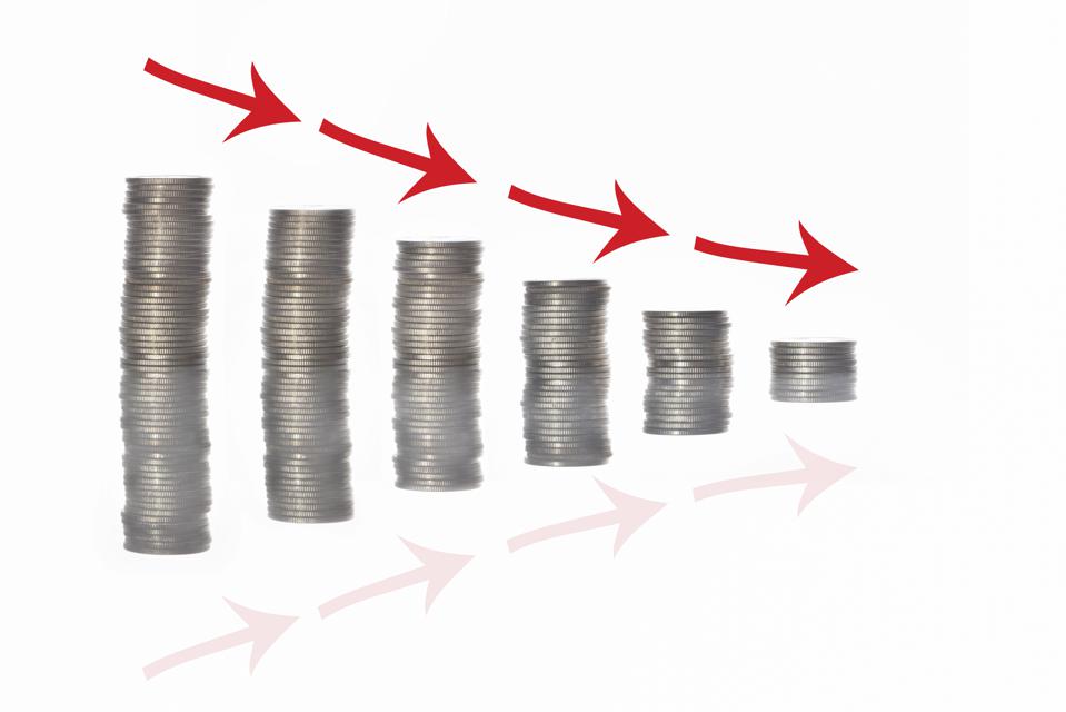 Stack of coins and red arrow with reflection on white background